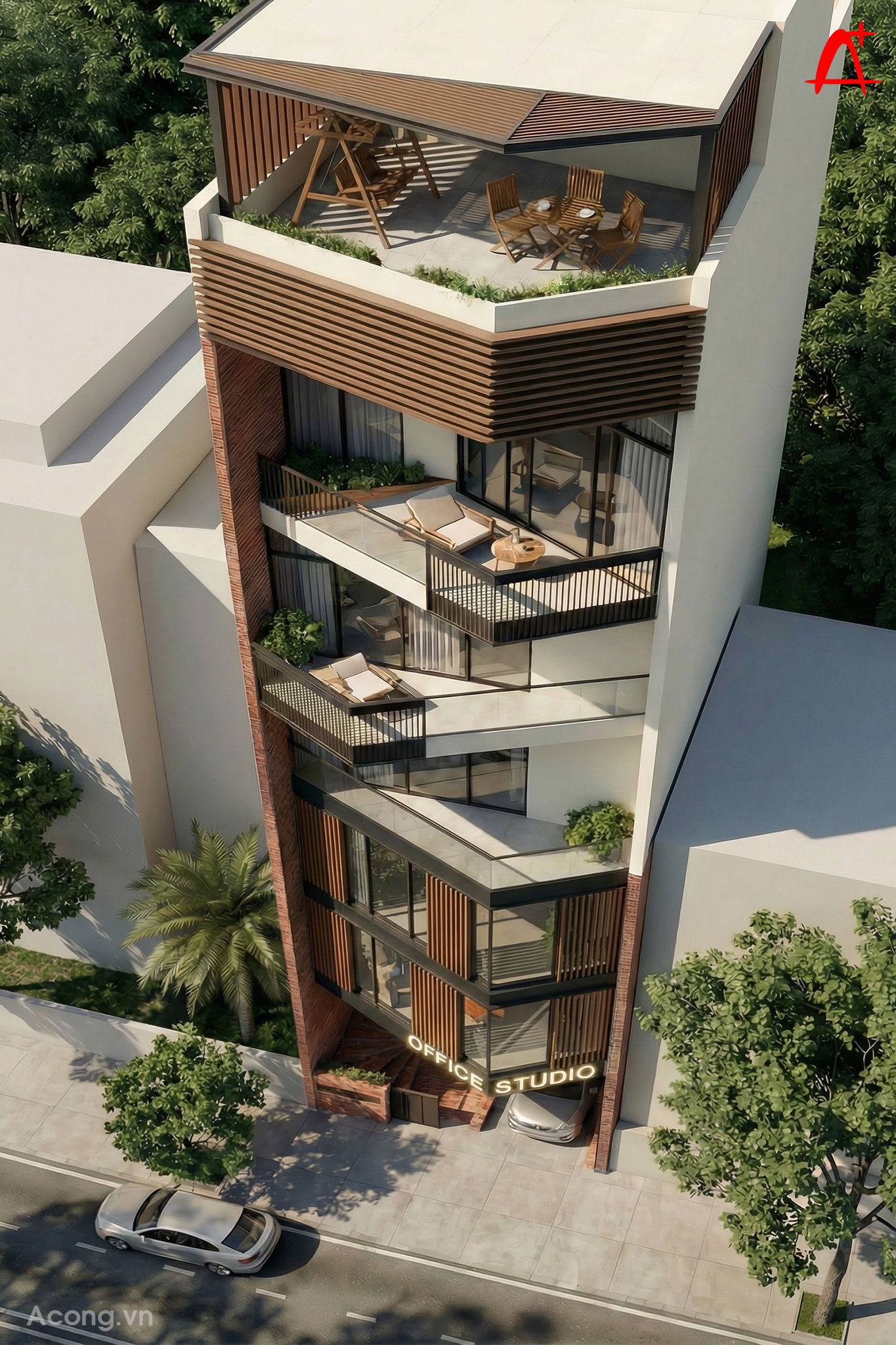 Phối cảnh tổng thể từ trên cao, thể hiện ban công zigzag và sân thượng